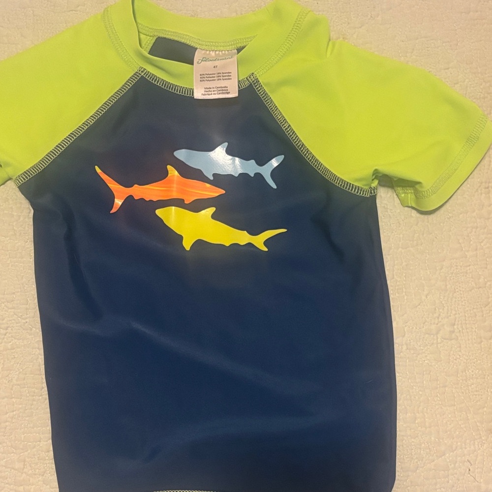 Floatimini navy & lime boys swim shirt with Shark Motif